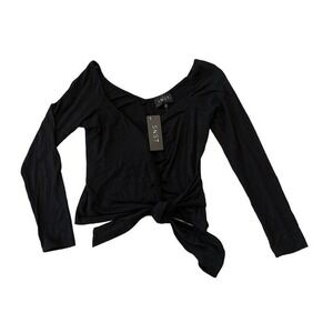NWT- SNST Black Wide V Long Sleeve Wrap Tie Front Crop Top